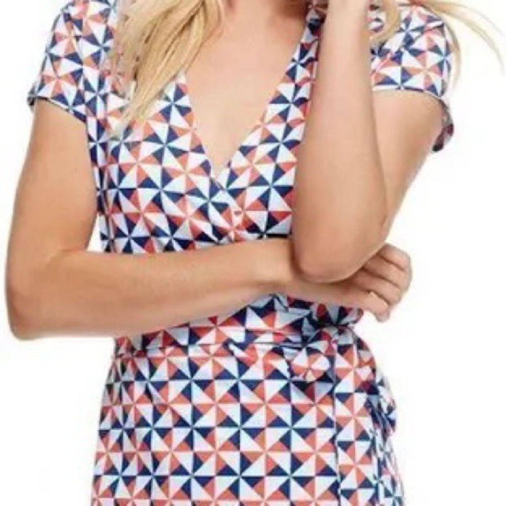 J. McLaughlin Lila Stretch Wrap Dress Red/Blue Mod Geometric Size Medium